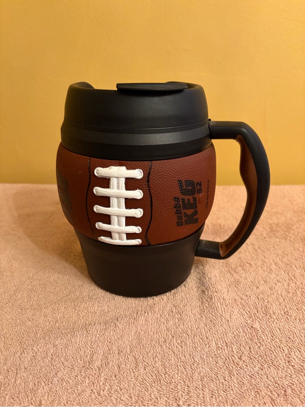 Football-Themed Travel Mug with Handle and Lid - Brown & Black